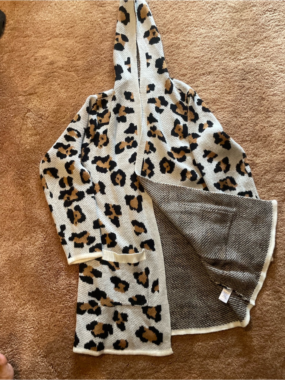 Leopard Print Hooded Cardigan Sweater - Cream/Tan/Black